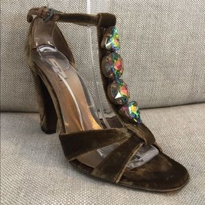 Miu Miu ochre velvet jeweled T-strap sandals sz37